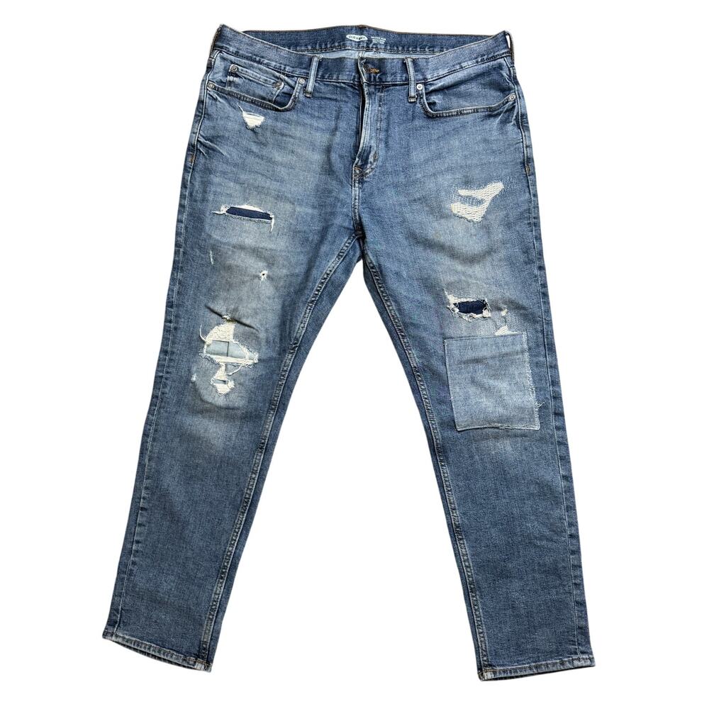 OLD NAVY RELAXED SLIM 36x30 DISTRESSED BLUE JEANS BUILT IN FLEX USED TEAR